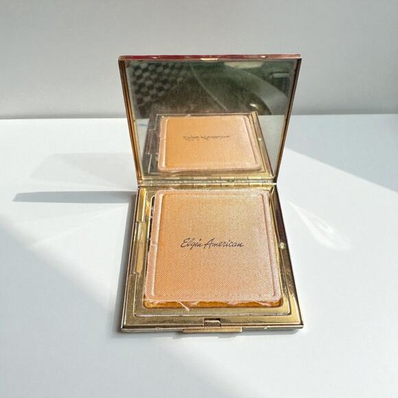 Vtg Elgin Powder Compact Cream Black Enamel Gold Mirrored Puff - Picture 4 of 6
